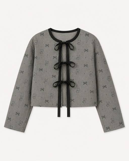 کراپ کت نخی Teddy Bow Jacket 🎀🧸 رنگ ذغالی